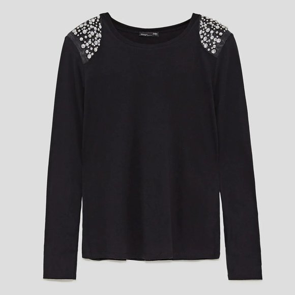 ZARA - Jeweled Embellished Padded Shoulders T-Shirt - Picture 1 of 9